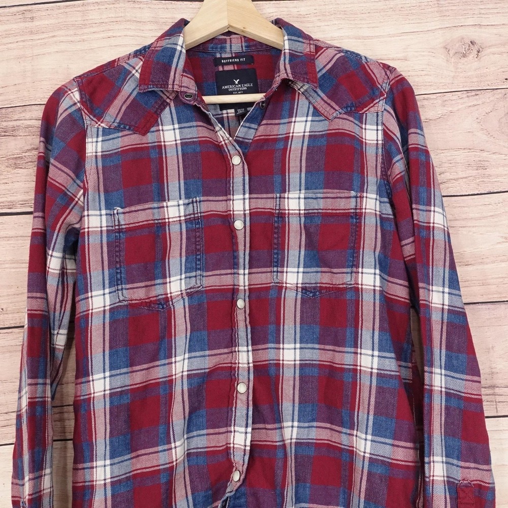 American Eagle Shirt Womens XS Red Blue Plaid Flannel Button Up Boyfriend Fit